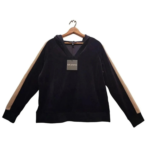 New 525 America Pullover Hoodie Navy Blue Oversized Velour Striped Sleeve Small - Picture 4 of 10